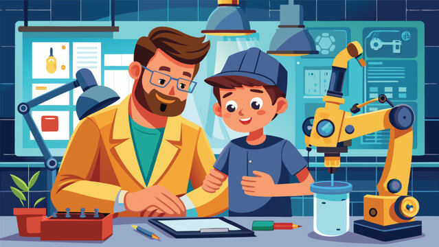 Father and son learning robotics with a colorful industrial arm in a bright laboratory setting