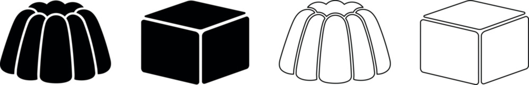 Set of four jelly and cube icons in solid and outline styles