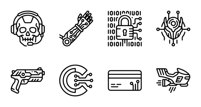 Cyberpunk Technology Icons: Futuristic Sci-Fi Gadgets, Security, and Innovation