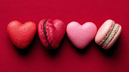 Obraz premium Sweet heart-shaped macaroons on red background. Valentine's Day celebration