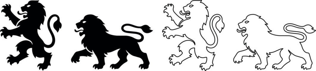 Heraldic lion silhouettes and outlines for design and emblem creation © Santiago