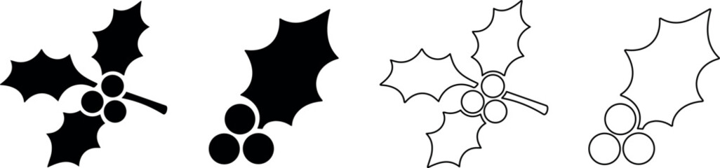 Set of four holly leaf and berry icons in black and white outline and solid styles © Santiago