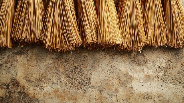 Natural abaca fiber bundles arranged in rows on textured stone surface creating organic patterns perfect for sustainable web design backgrounds and eco-friendly materials
