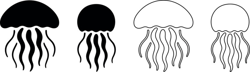 Set of stylized jellyfish icons in solid black and outline styles © Santiago