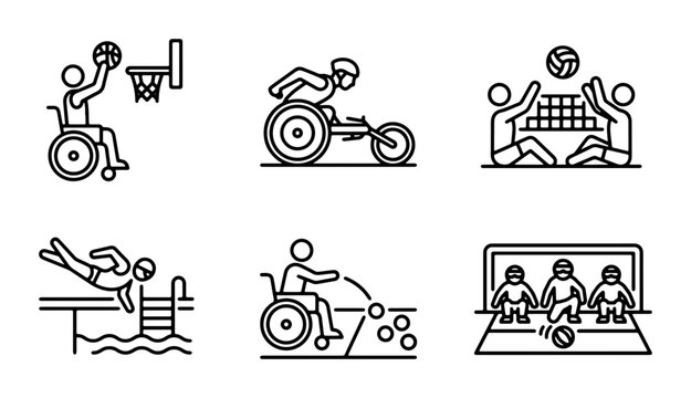 Paralympic Sports Icons: Wheelchair Basketball, Tennis, Volleyball, Swimming, Boccia, Football