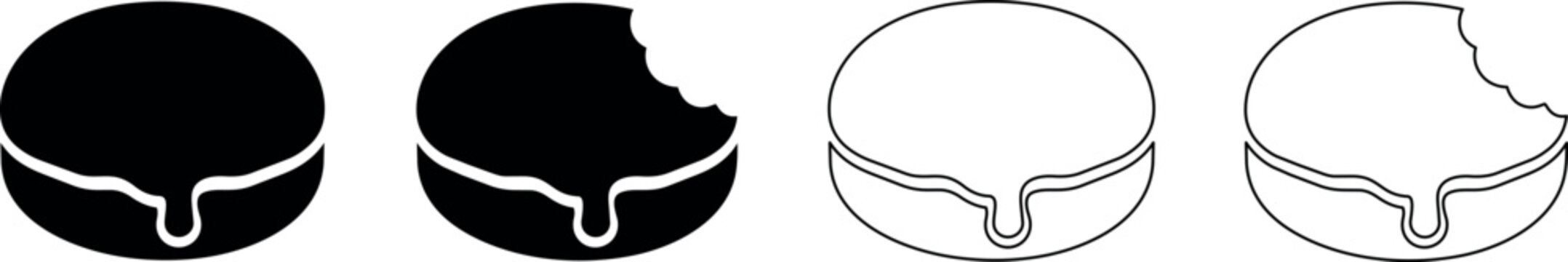 Set of four donut icons, two solid black and two outline, showing whole and bitten