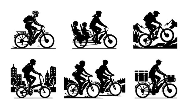 E-bike Silhouettes: Urban Commute, Family Ride, Mountain Trail, Delivery