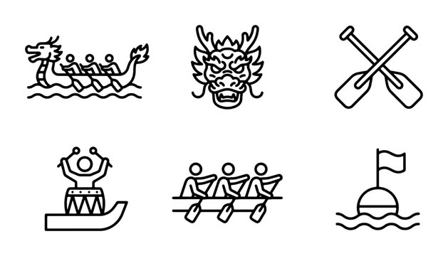 Dragon Boat Festival Icons, Traditional Chinese Dragon Boat Racing Symbols Set