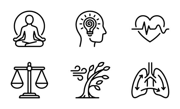 Mindfulness, Health, Balance Icons: Yoga, Idea, Heartbeat, Scales, Tree, Lungs