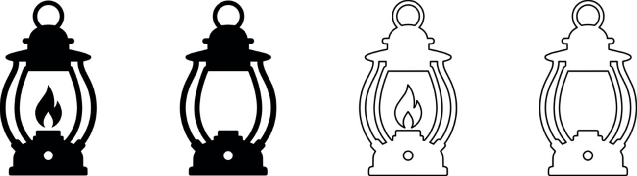 Collection of vintage oil lantern icons with flame and outline styles