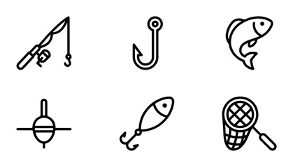 Fishing Icons Set, Vector Line Art Collection, Angling Gear Graphics © Ridwan