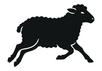 Black silhouette image of a thick wavy wool sheep running to the right on a plain white background © Atudiba