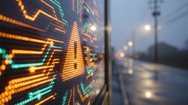 Digital warning sign with glowing orange exclamation mark and circuit board patterns on a wet city street at night