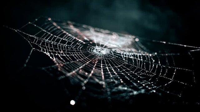 Intricate spider web glistening with dew drops in dark moody lighting. Close-up view of a delicate spiderweb covered in tiny water droplets, creating a mesmerizing natural pattern