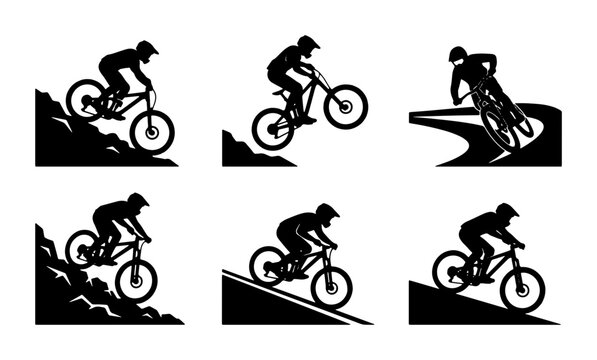 Mountain Bike Silhouettes, Downhill Cycling Icons, Extreme Sports Vector Set
