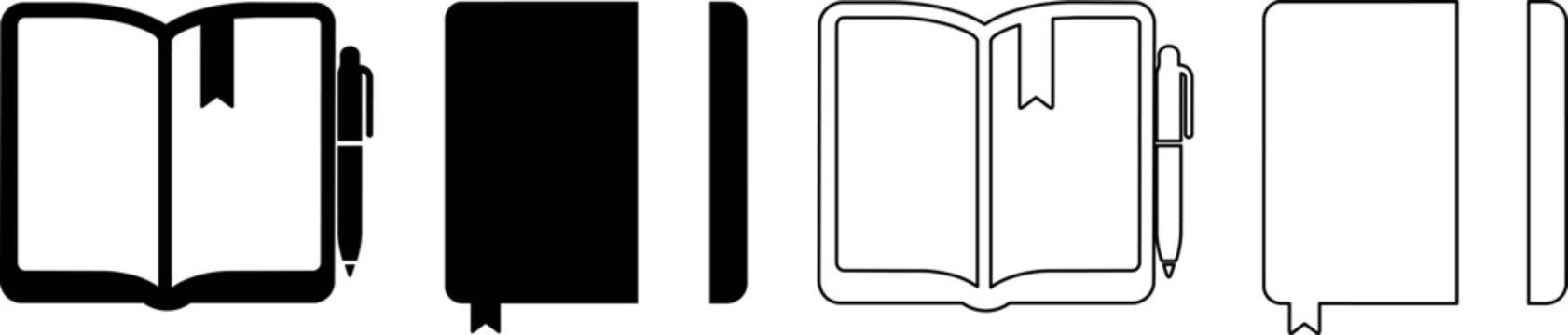 Set of open and closed notebook icons with a pen and bookmark