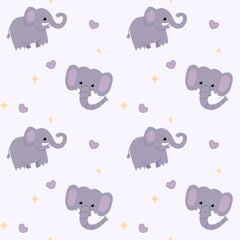 Fototapeta premium Cute baby elephant seamless pattern with hearts and sparkles, sweet purple pastel vector background for wrapping paper and nursery textile