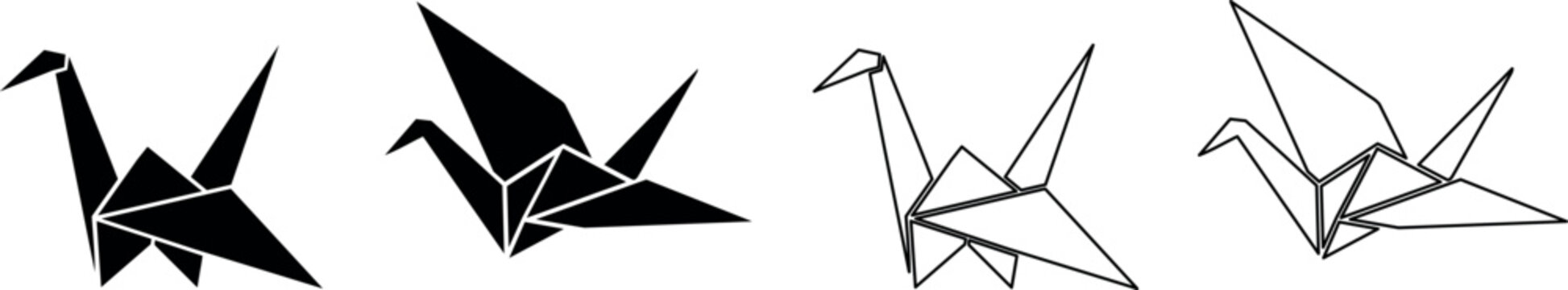 Set of four origami paper cranes in black silhouette and outline styles
