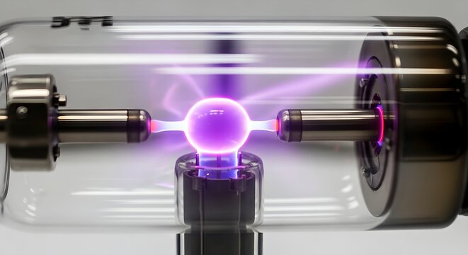 A close-up view of a plasma ball experiment inside a glass vacuum tube, showing vibrant purple electrical discharges.