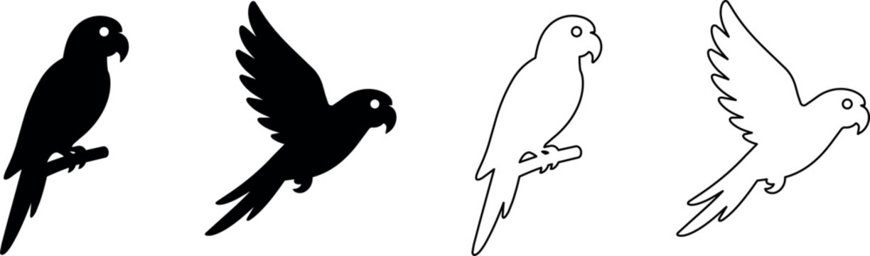 Set of parrot silhouettes and outlines, one perched and one in flight