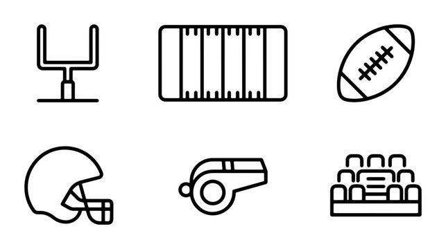 American Football Icons Set: Goalposts, Field, Ball, Helmet, Whistle, Stadium Seats