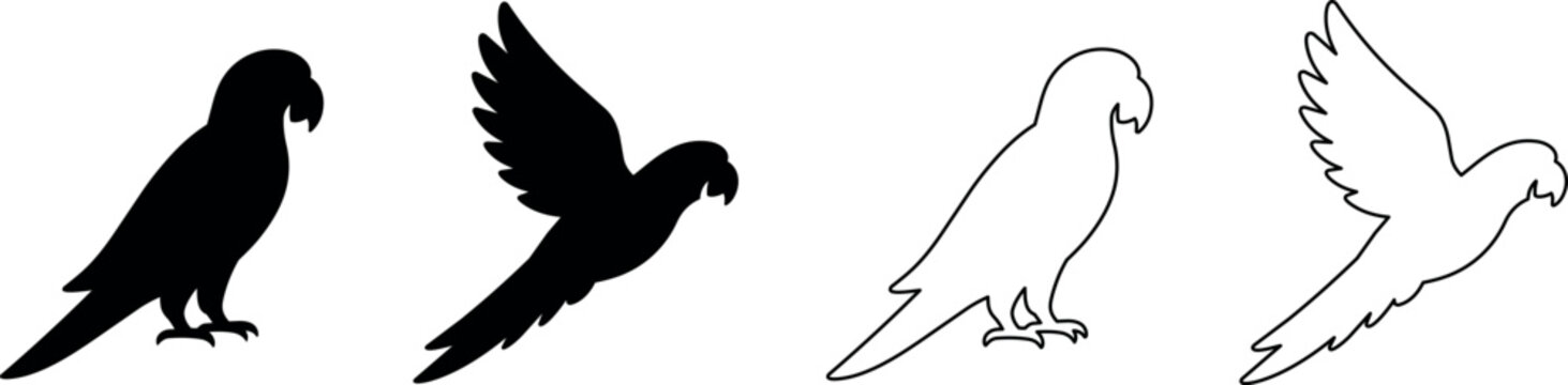 Set of parrot silhouettes, one standing and one in flight, in black and white