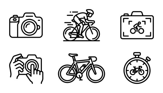 Cycling and Photography Icons Set: Camera, Cyclist, Stopwatch, Vector Graphics