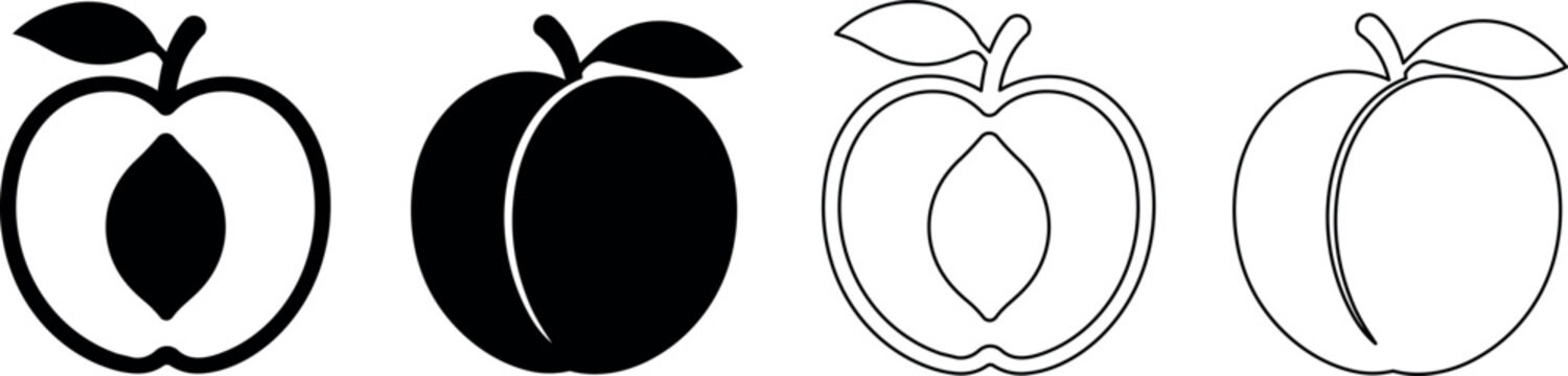 Set of stylized peach and plum icons in solid and outline styles