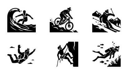 Extreme Sports Icons: Surfing, Biking, Skiing, Skydiving, Climbing, Diving © Mahfuz