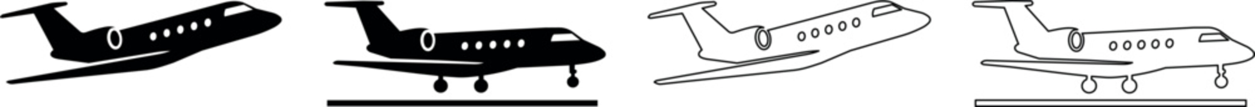 Set of silhouette and outline icons depicting a private jet on a runway