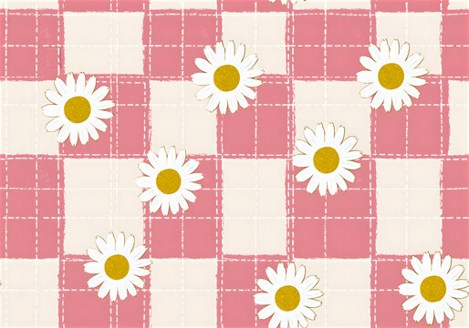 Pink Gingham Daisy Pattern with Retro Cottagecore Spring Flowers