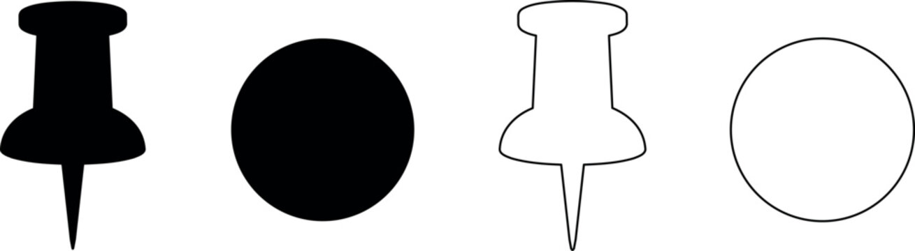 Set of black and white pushpin icons with circular heads and sharp points