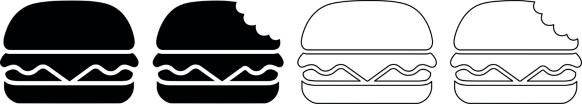 Set of four burger icons, two solid and two outline, one with a bite mark