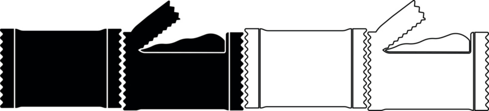 Set of two candy bar wrappers, one open and one sealed, in black and white