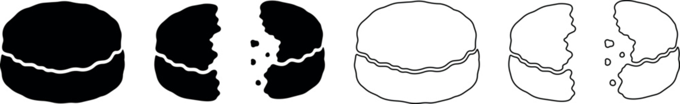Set of macaron icons showing whole and broken dessert illustrations