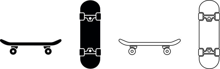 Collection of skateboard icons in solid black and outline styles © Santiago