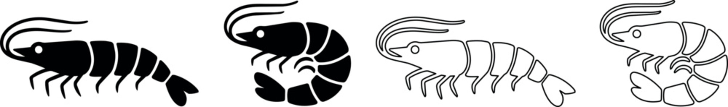 Collection of stylized shrimp icons in black and white silhouette and outline