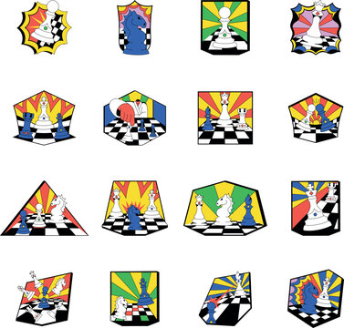 Colorful chess strategy visuals featuring moves, tactics, attacks, tournaments, victory scenes, and dramatic gameplay moments.
