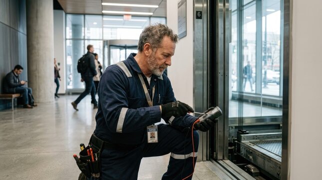 A maintenance worker repairs an elevator door. He is kneeling on the floor, focused on the mechanism with a flashlight.