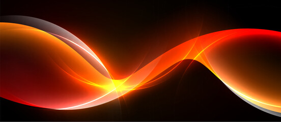 Fototapeta na wymiar Bright orange, red light curves flow against black background. Dynamic energy radiates from central point. Smooth shapes create abstract design.