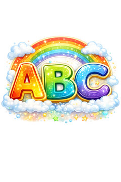 rainbow ABC, sparkling clouds, alphabet learning poster, colorful ABC design, educational alphabet chart, rainbow letters, preschool learning artwork, kindergarten classroom decor, children's educatio