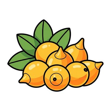 Cartoon illustration of a cluster of fresh yellow mamoncillo fruits with green leaves, tropical fruit icon, vector graphic isolated on white background