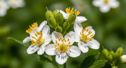 Obraz premium Close-up of delicate white water crowfoot flowers with yellow centers.