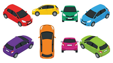 Fototapeta premium Colorful Hatchback Cars Top down Vector Illustration On White Background