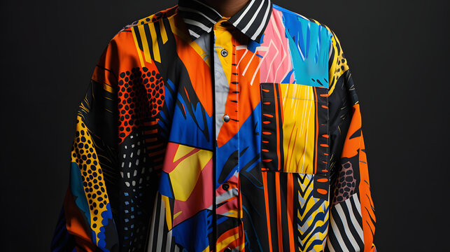 Colorful Patchwork Jacket with Bold Patterns and Vibrant Colors on a Fashionable Model in a Studio Setting, Expressing Creativity and Modern Style...