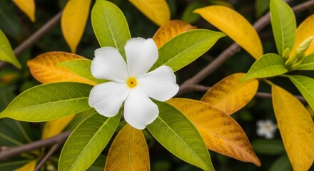 Fototapeta premium Elegant white flower amidst vibrant green and yellow leaves.