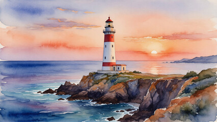 Fototapeta premium Lighthouse standing on rocky cliff during sunset coastline