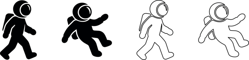 Set of astronaut icons in silhouette and outline styles walking and floating © Santiago