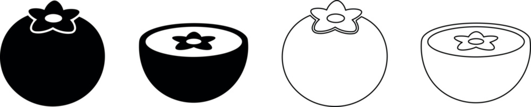 Set of stylized persimmon icons, solid and outline versions