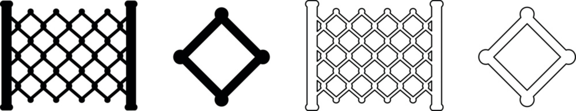 Set of chain link fence and diamond shape icons in solid and outline styles